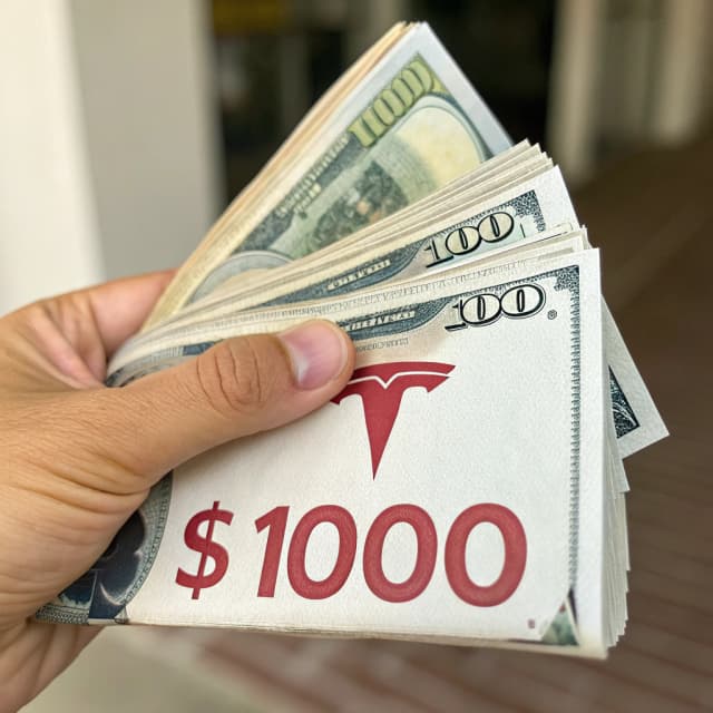 A hand holding a stack of $100 bills with a Tesla logo, symbolizing the $2000 savings on a Tesla purchase