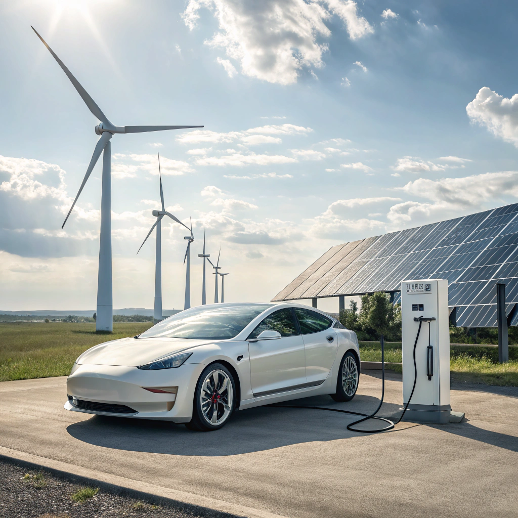 A Tesla car plugged into a charging station with wind turbines and solar panels in the background, showcasing support for clean energy