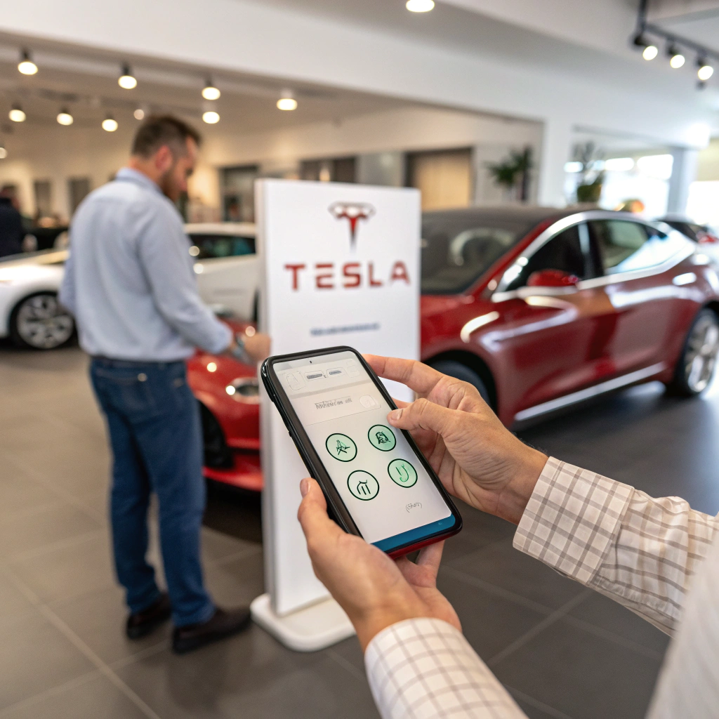 A smartphone displaying a Tesla referral code being scanned at a Tesla dealership, emphasizing the easy redemption process